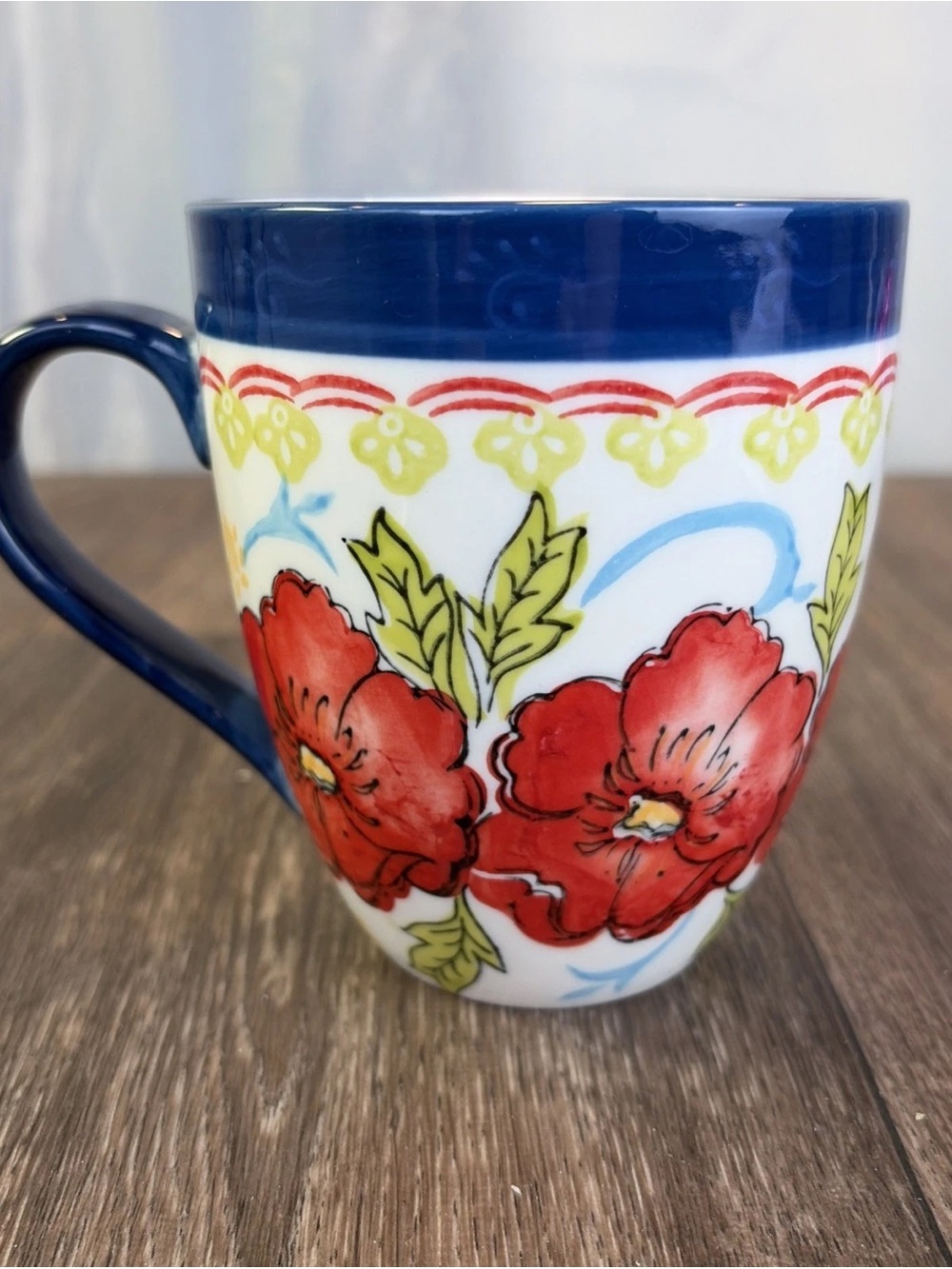Coastline Imports Dutch Wax Red and Blue Floral Mug Folk Art Hand Painted